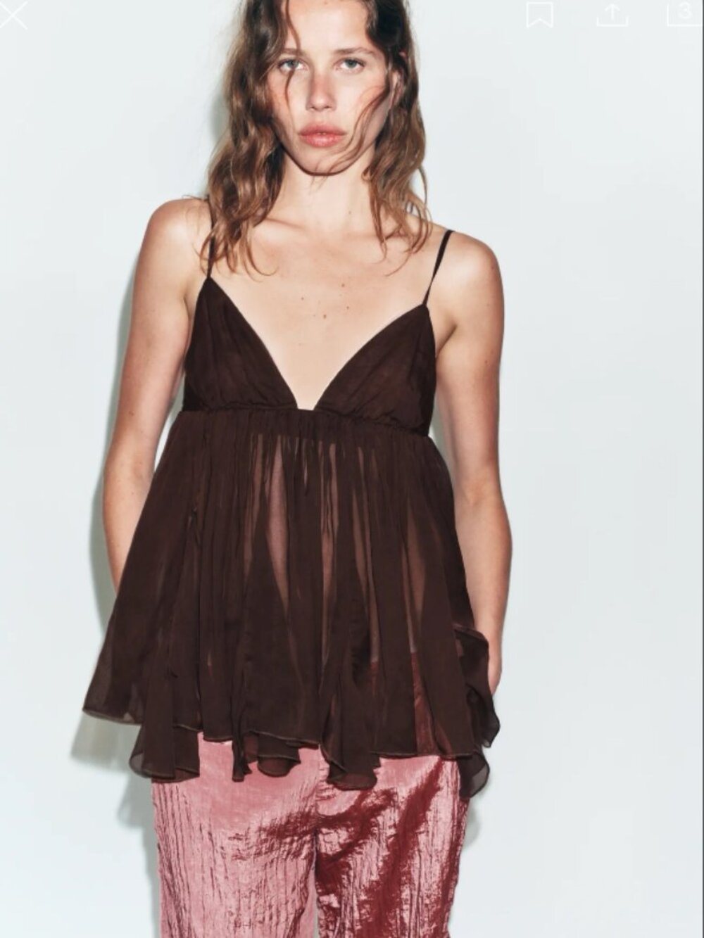 ZARA Brown Semi-Sheer Pleated Cami Top NWT Size M